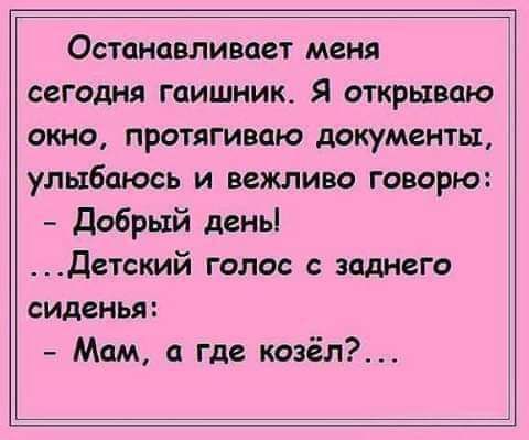 Останавливает меня сегодня гаишник Я открываю окна протягиваю документы улыбаюсь и вежливо говорю добрый день Детский голос с заднего сиденья Мам а где коэёл