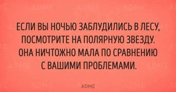 ЕСЛИ ВЫ НОЧЬЮ ЗАБЛУДИЛИСЬ В ЛЕСУ ПОСМОТРИТЕ НА ПОЛЯРНУЮ ЗВЕЗДУ ОНА НИЧТОЖНО МАЛА ПО СРАВНЕНИЮ СВАШИМИ ПРОБЛЕМАМИ чп