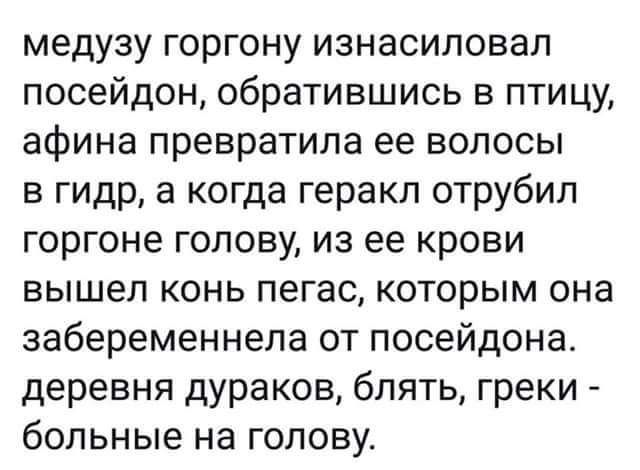 медузу горгону изнасиловал посейдон обратившись в птицу афина превратила ее волосы в гидр а когда геракл отрубил горгоне голову из ее крови вышел конь пегас которым она забеременнепа от посейдона деревня дураков блять греки больные на голову