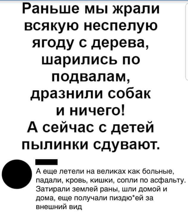 Раньше мы жрапи всякую неспелую ягоду с дерева шарились по подвалам дразнили собак и ничего А сейчас с детей пылинки сдувают _ А еще летели на великах как больные падали кровь кишки сопли по асфальту затирали землей раны шли домой и дома еще получали пиздюей за внешний вид