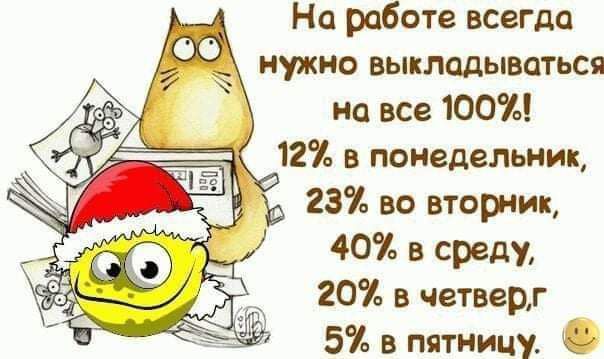 На работе всегда нужно выкладываться на все 100 ЧЕ 12 в понедельник 1 23 во вторник 40 в среду 20 в четверг 5 в пятницу