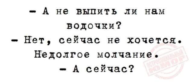 А не выпить ли нам водочки Нет сейчас не хочется Недолгое молчание А сейчас