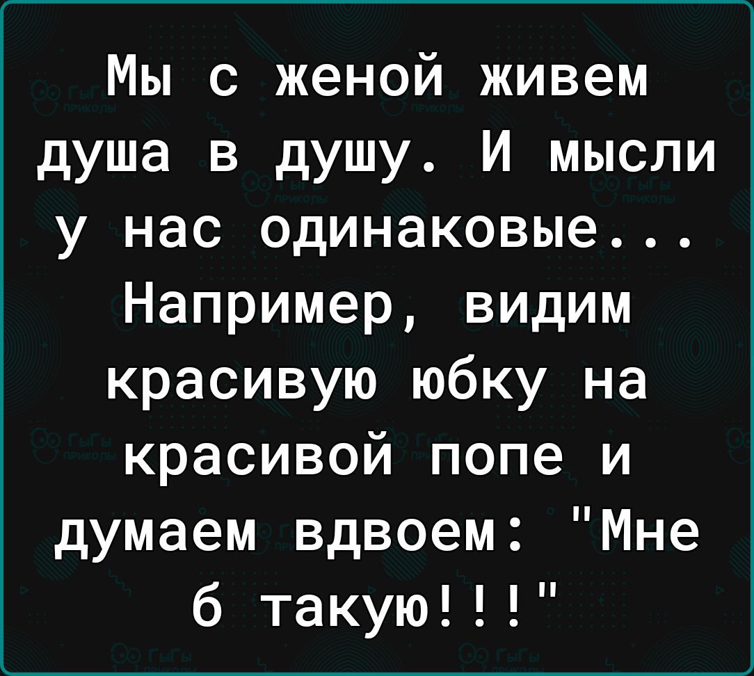 Мы с женой живем душа в душу И мысли у нас одинаковые Например видим красивую юбку на красивой попе и думаем вдвоем Мне б такую