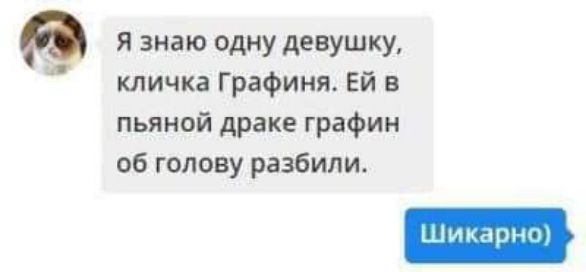 я знаю одну девушку кличка Графиня Ей в пьяной драке графин об голову разбили