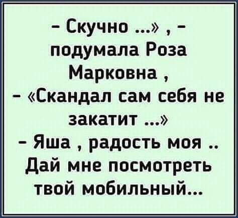 Скучно подумала Роза Марковна Скандал сам себя не закатит Яша радость моя Дай мне посмотреть твой мобильный