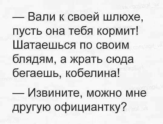 Вали к своей шпюхе пусть она тебя кормит Шатаешься по своим блядям а жрать сюда бегаешь кобепина Извините можно мне другую официантку