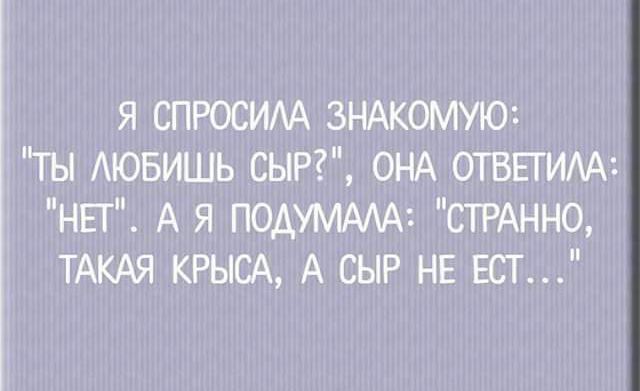 Я СПРОСИАА ЗНАКОМУЮС Ъ АЮБИШЬ СЬР ОНА ОТВЕТИАА НЕГ А Я ПОАУМААА СТРАННО ТАКАЯ КРЫСА А СЫР НЕ ЕСТ