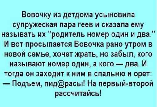 Вовочку из детдома усыновила супружеская пара геев и сказала ему называть их родитель номер один и два И вот просыпается Вовочка рано утром в новой семье хочет жрать но забыл кого называют номер один а кого два И тогда он заходит к ним в спальню и орет Подъем пидрась На первый второи рассчитайсь