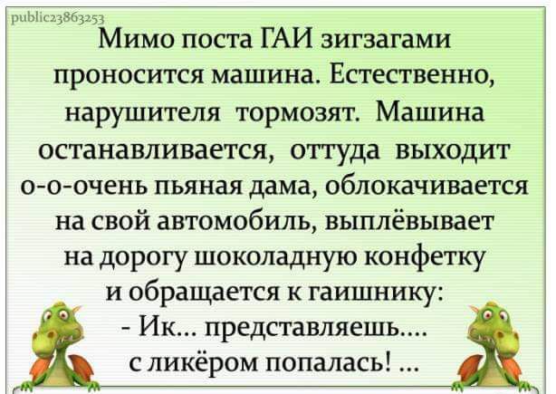 и и Мимо поста ГАИ зигзагами проносится машина Естественно нарушителя тормозят Машина останавливается оттуда выходит о о очень пьяная дама облокачивается на свой автомобиль выплёвывает на дорогу шоколадную конфетку и обращается к гаишнику Ик представляешь с ликёром попалась