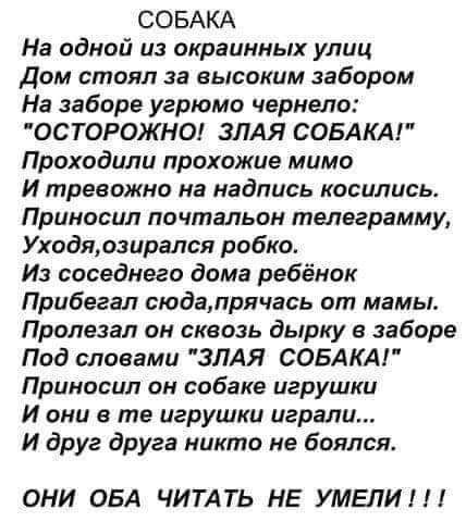 СОБАКА На одной из окраинных улиц Дом стоял за высоким забором На заборе угрюмо чериело ОСТОРОЖНО ЗЛАЯ СОБАКА Проходили прохожие мимо И тревожно на надпись носились Приносил почтальон телеграмму Уходяозирался робко Из соседнего дома ребёнок Прибегал сюданрячась от мамы Пролезал он сквозь дырку в заборе Под словами ЗПАЯ СОБАКА Прииосил он собаке игрушки И они в те игрушки играли И друг друга никто 