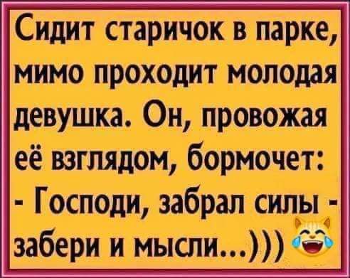 Сидит старичок в парке мимо проходит молодая девушка Он провожая её взглядом бормочет Господи забрал силы забери и мысли