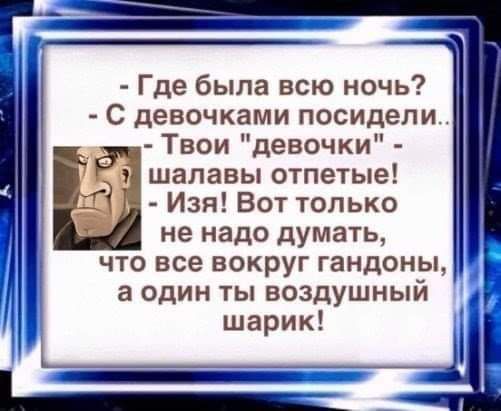 Где была всю ночь С девочками посидели Твои девочки шалавы отпетые Изя Вот только не надо думать что все вокруг гандоны а один ты воздушный шарик