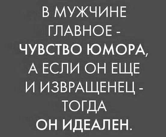 В МУЖЧИНЕ ГЛАВНОЕ ЧУВСТВО ЮМОРА А ЕСЛИ ОН ЕЩЕ И ИЗВРАЩЕНЕЦ ТОГДА ОН ИДЕАЛЕН