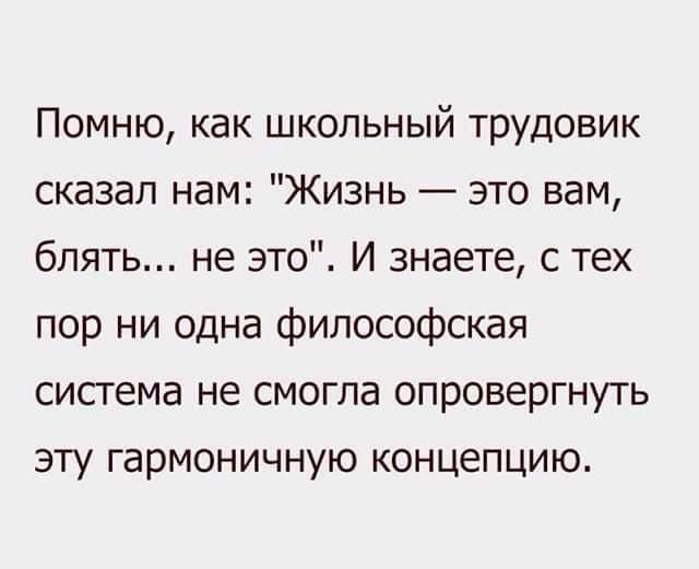 Помню как школьный трудовик сказал нам Жизнь это вам блять не это И знаете с тех пор ни одна философская система не смогла опровергнуть эту гармоничную концепцию