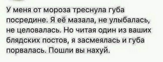 У меня от мороза треснула губа посредине Я её мазала не улыбалась не целовалась Но читая один из ваших бпядских постов я засмеялась и губа порвалась Пошли вы нахуй
