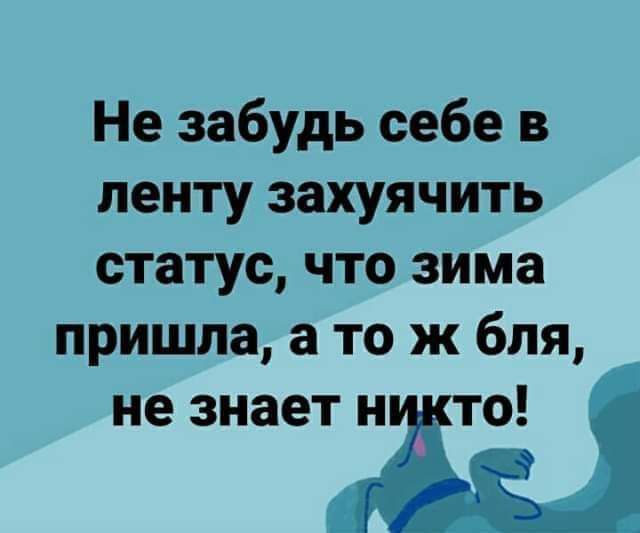 Не забудь себе в ленту захуячить статус что зима пришла а то ж бля не знает нёто