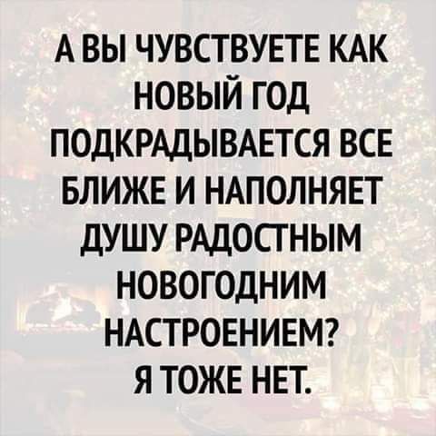А ВЫ ЧУВСТВУЕТЕ КАК НОВЫЙ ГОД ПОДКРАДЫВАЕТСЯ ВСЕ БЛИЖЕ И НАПОЛНЯЕТ ДУШУ РАДОСТНЫМ НОВОГОДНИМ НАСТРОЕНИЕМ Я ТОЖЕ НЕТ