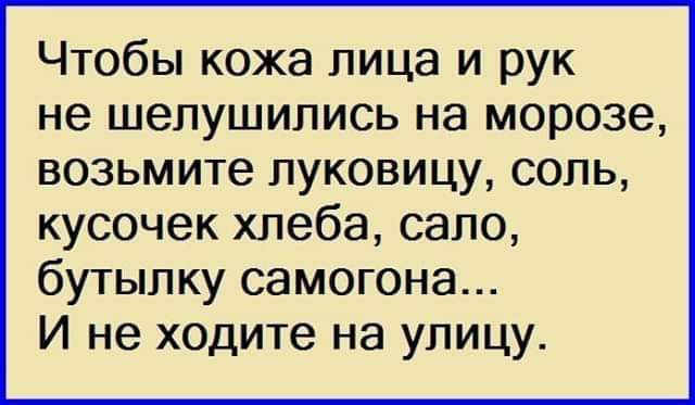 Чтобы кожа лица и рук не шепушились на морозе возьмите луковицу соль кусочек хлеба сало бутылку самогона И не ходите на улицу