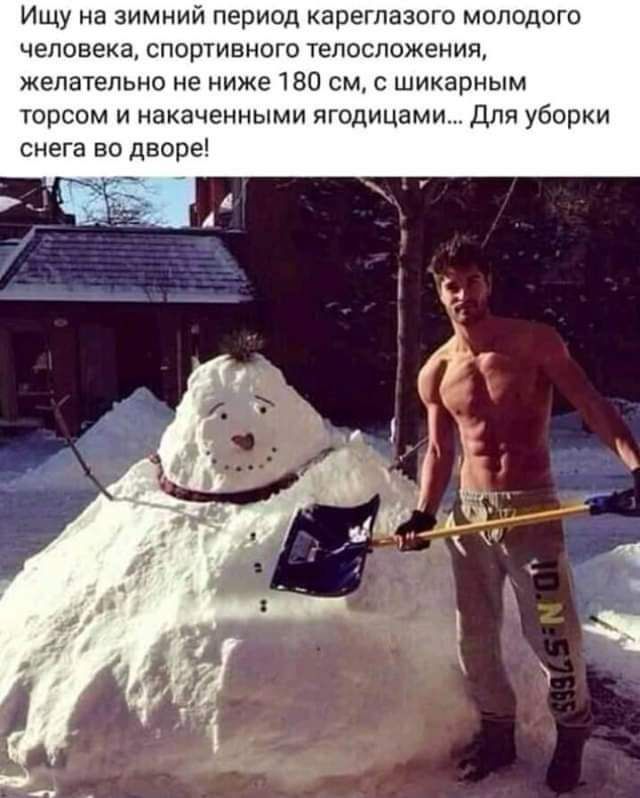 Ищу на зимиий период кареглазого молодого человека спортивного телосложения желательно не ниже 180 см с шикарным торсом и накачанными ягодицами Для уборки снега во дворе