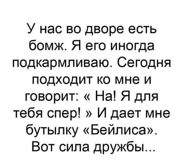У нас во дворе есть бомж Я его иногда подкармливаю Сегодня подходит ко мне и говорит На Я для тебя спер И дает мне бутылку Бейлиса Вот сила дружбы
