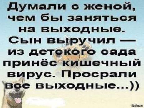 думали с женой чем бы заняться на вьпходньпе Сын выручил из детск _ьо сада принёсжш шечньпй вирус Просрапи Рае вьпходньпе