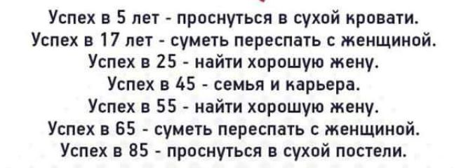 Успех в 5 нет проснуться сухой кровати Успех в 17 неу суииь переспаіь женщиной Успех в 25 найти хпрпшую Жени Успех 65 семья и карьера Успех в 55 нцйти хорпшую женш Успех в ББ суметь переспать женщиипй Успех в 85 просится в сухпй ппсуепи