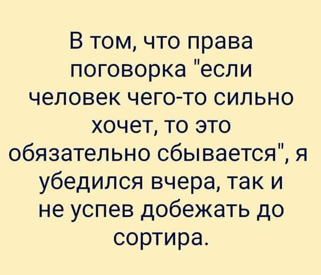 В том что права поговорка если человек чего то сильно хочет то это обязательно сбывается я убедился вчера так и не успев добежать до сортира