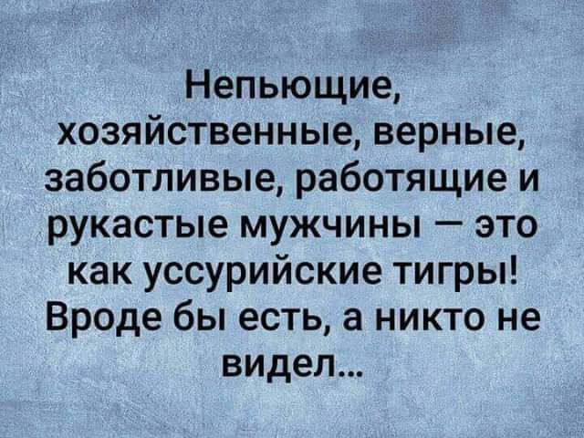 Непьющие хозяйственные верные заботливые работящие и рукастые мужчины это как уссурийские тигры Вроде бы есть а никто не видел