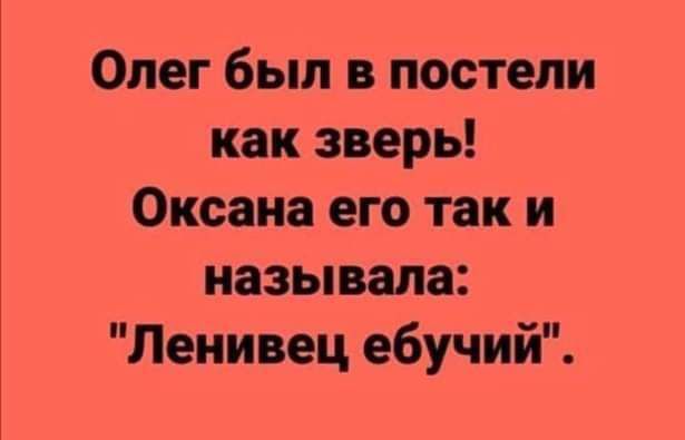 Олег был постели как зверь Оксана его так и называла Ленивец ебучий