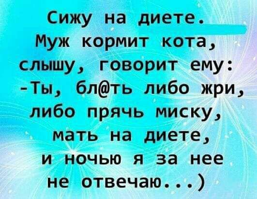 Сижу на диете Муж кормит кота слышу говорит ему Ты блть либо жри либо прячь миску мать на диете и ночью я за нее не отвечаю