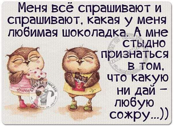 Меня всё спрашивают и спрашивают какая у меня любимая шоколадка А мне1 стыдно признаться в том что какую ни дай _ любую 1 сожру