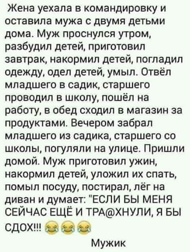 Жена уехала в командировку и оставила мужа с двумя детьми дома Муж проснулся утром разбудил детей приготовил завтрак накормил детей погладил одежду одел детей умыл Отвёл младшего в садик старшего проводил в школу пошёл на работу в обед сходил в магазин за продуктами Вечером забрал младшего из садика старшего со школы погуляли на улице Пришли домой Муж приготовил ужин накормил детей уложил их спать