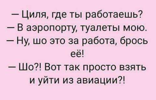 Ципя где ты работаешь В аэропорту туалеты мою Ну шо это за работа брось её Шо Вот так просто взять и уйти из авиации