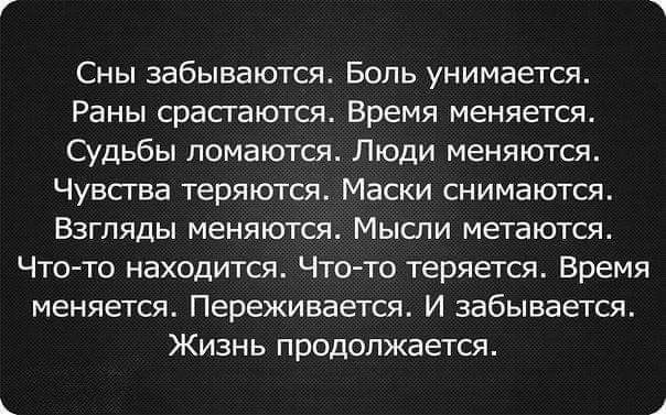 Сны забываются Бопь унимается Раны срасгаются Время меняется Судьбы ломаются Люди меняются Чувства теряются Маски снимаются Взгляды меняются Мысли метаются Что то находится Что то теряется Время меняется Переживается И забывается Жизнь продолжается