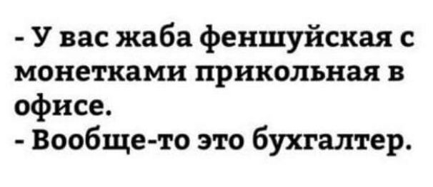 У вас жаба феншуйская с монетками прикольная офисе Вообще то это бухгалтер