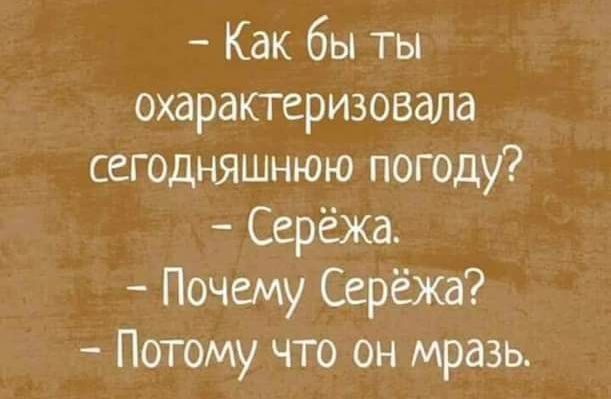 Как бы ты охарактеризовала сегодняшнюю погоду Серёжа Почему Серёжа Потому что он мразь