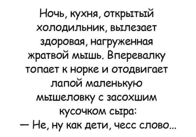 Ночь кухня открытый ХОЛОДИЛЬНИК ВЬШЕЗЦЗТ здоровая нагруженная жратвой мышь Вперевапку топает к норке и отодвигает лапой маленькую мышеловку с засохшим кусочком сыра Не ну как дети чесс слово