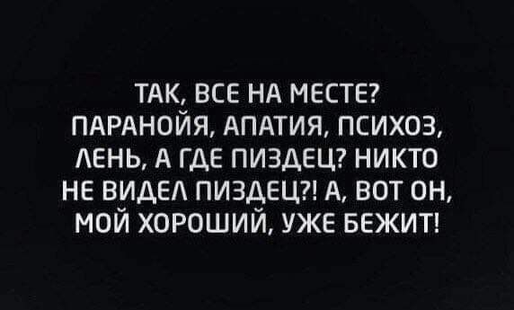 ТАК ВСЕ НА МЕСТЕ ПАРАНОЙЯ АПАТИЯ ПСИХОЗ АЕНЬ А ГДЕ ПИЗДЕЦ НИКТО НЕ ВИДЕ ПИЗДЕЦ А ВОТ ОН МОЙ ХОРОШИЙ УЖЕ БЕЖИТ
