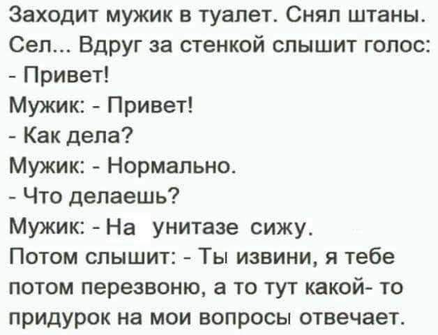 Заходит мужик в туалет Снял штаны Сел Вдруг за стенкой слышит голос Привет Мужик А Привет Как дела Мужик Нормально Что делаешь Мужик На унитазе сижу Потом слышит Ты извини я тебе потом перезвоню а то тут какой то придурок на мои вопросы отвечает