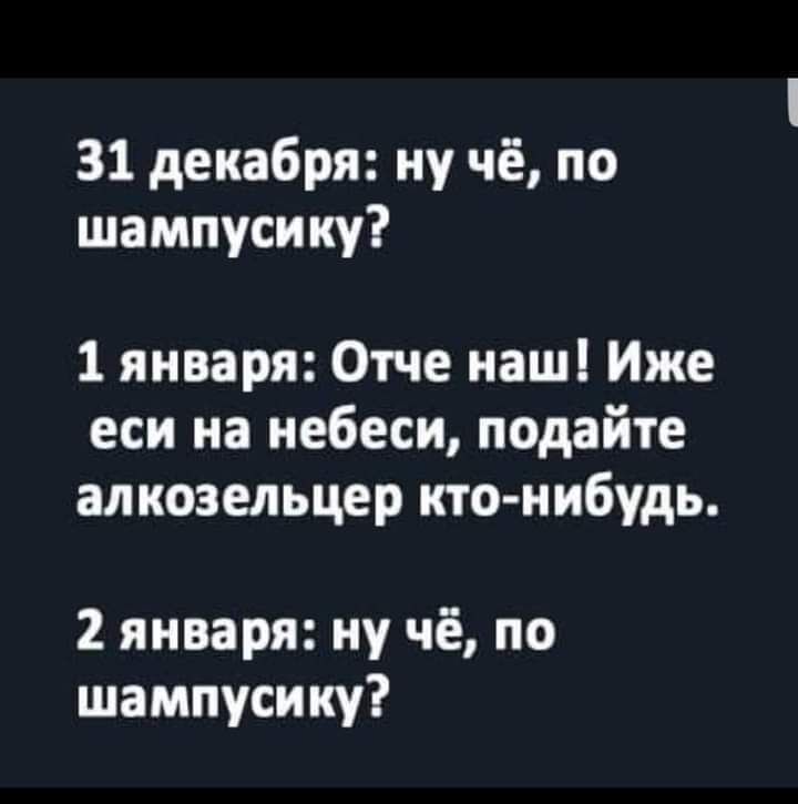 31 декабря ну чё по шампусику 1 января Отче наш Иже еси на иебеси подайте алкозельцер кто нибудь 2 января ну чё по шампусику