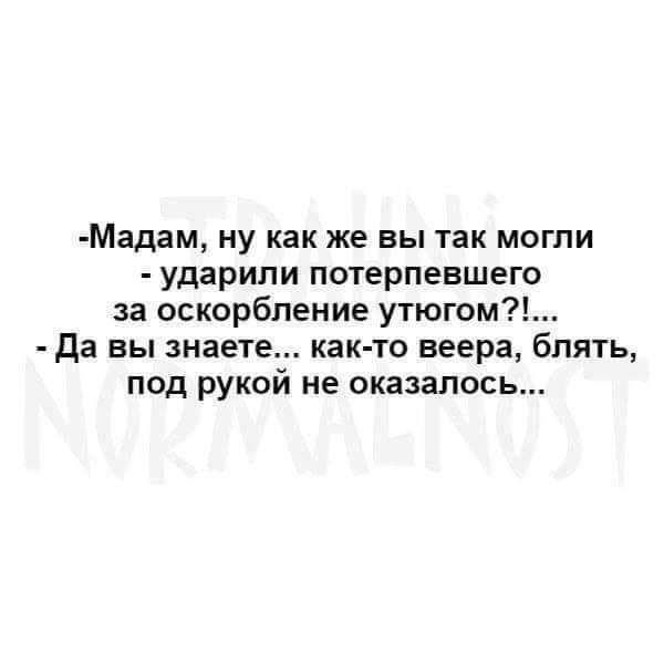 Мадам ну как же вы так моти ударили потерпевшего за оскорбление утюгом Да вы знаете как то веера блять под рукой не оказалось