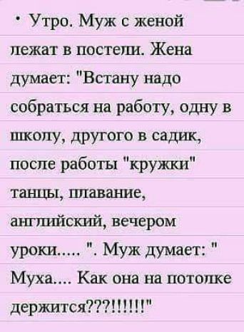 Утро Муж женой лежат в постели Жена думает Встану надо собраться на работу одну в школу другого в садик после работы кружки тах иш ппавш ше аштшйский вечером уроки Муж думает Муха Как она на потолке держится