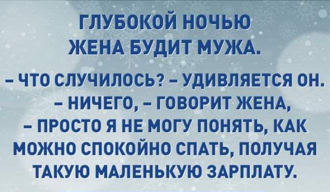 гл 0 ЖЕНА аудит ЧТО СЛУЧИЛОСЬ УДИВЛЯЕТСЯ ОН НИЧЕГО ГОВОРИТ ЖЕНА ПРОСТО Я НЕ МОГУ ПОНЯТЬ КАК МОЖНО СПОКОЙНО СПАТЬ ПОЛУЧАЯ ТАКУЮ МАЛЕНЬКУЮ ЗАРПЛАТУ