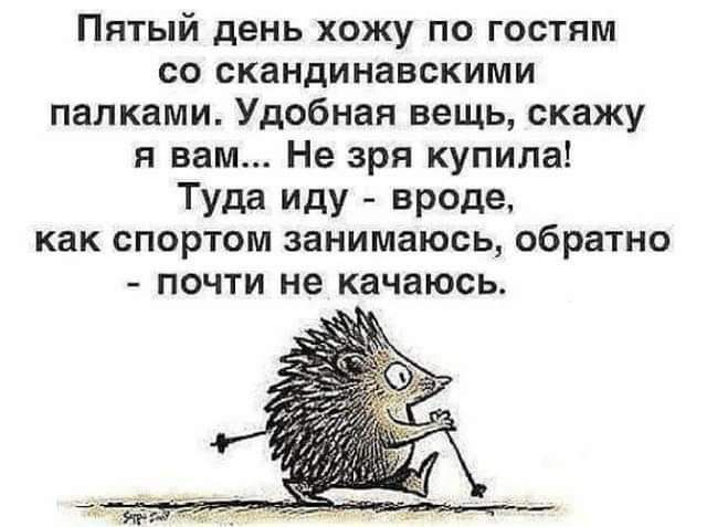 ПЯТЫЙ день хожу ПО ГОСТЯМ СО скандинавскими палками Удобная вещь скажу я вам Не зря купила Туда иду вреде как СПОРТОМ занимаюсь обратно ПОЧТИ не качаюсь