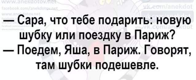 Сара что тебе подарить новую шубку или поездку в Париж Поедем Яша в Париж Говорят там шубки подешевле