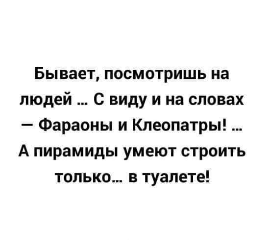 Бывает посмотришь на людей С виду и на словах Фараоны и Клеопатры А пирамиды умеют строить только в туалете