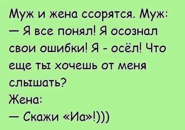 Муж и жена ссорятся Муж Я все понял Я осознал свои ошибки Я осёл Что еще ты хочешь от меня слышать Жено Скажи Иа