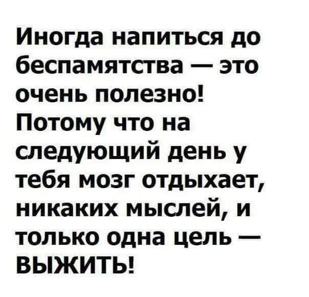 Иногда напиться до беспамятства это очень полезно Потому что на следующий день у тебя мозг отдыхает никаких мыслей и только одна цель ВЫЖИТЬ