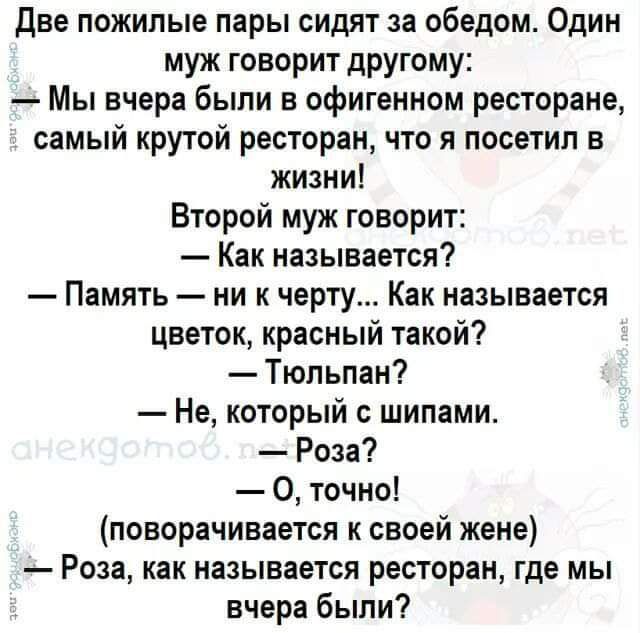 две пожилые пары сидят за обедом Один муж говорит другому Мы вчера были в офигенном ресторане самый крутой ресторан что я посетил в жизни Второй муж говорит Как называется Память ни к черту Как называется цветок красный такой Тюльпан Не который с шипами Роза О точно поворачивается к своей жене Роза как называется ресторан где мы вчера были