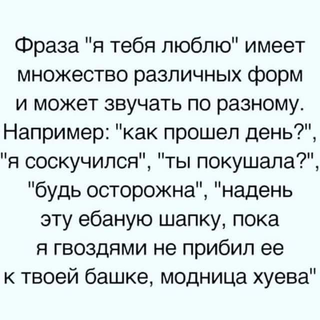 Фраза я тебя люблю имеет множество различных форм и может звучать по разному Например как прошел день я соскучился ты покушала будь осторожна надень эту ебаную шапку пока я гвоздями не прибил ее к твоей башке модница хуева